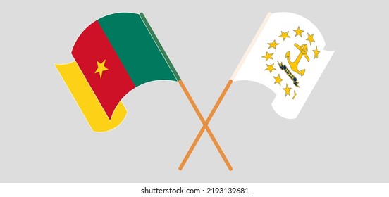 Crossed and waving flags of Cameroon and the State of Rhode Island. Vector illustration
