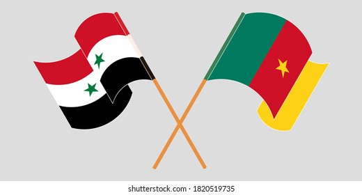 Crossed and waving flags of Cameroon and Syria