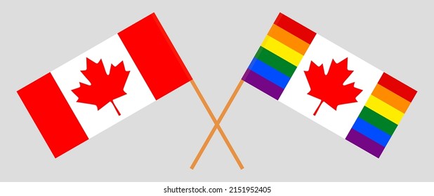 Crossed and waving flags of Canada and Canadian Pride Flag. Vector illustration
