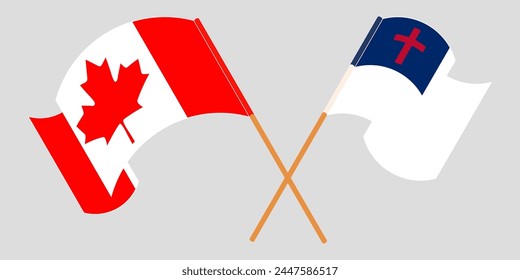 Crossed and waving flags of Canada and christianity. Vector illustration
