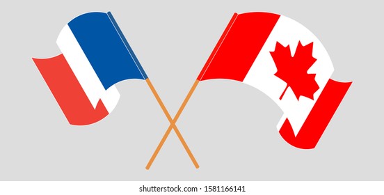 Crossed and waving flags of Canada and France. Vector illustration
