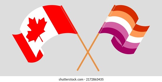 Crossed and waving flags of Canada and Lesbian Pride. Vector illustration

