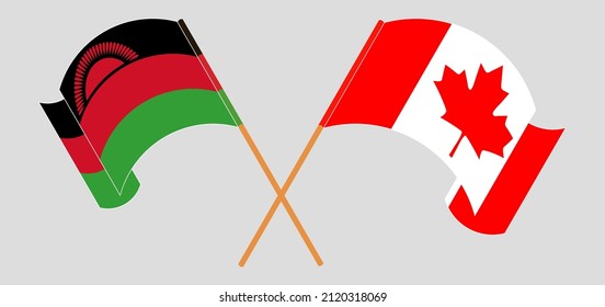 Crossed and waving flags of Canada and Malawi. Vector illustration
