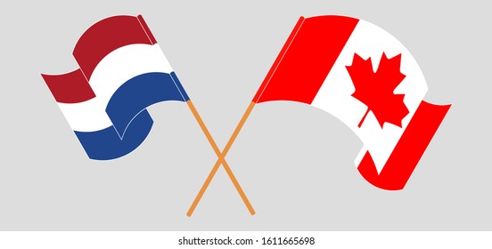 Crossed and waving flags of Canada and Netherlands