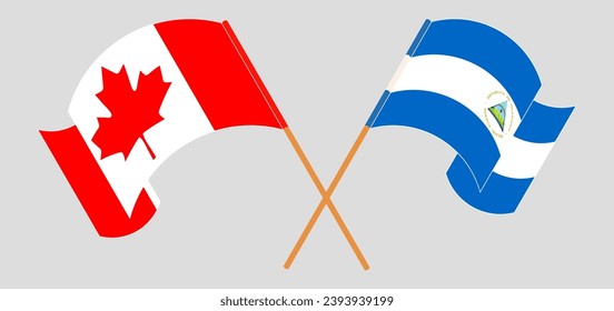 Crossed and waving flags of Canada and Nicaragua. Vector illustration
