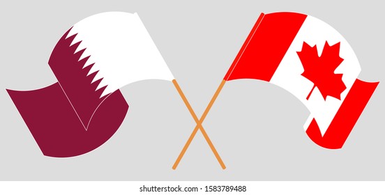 Crossed and waving flags of Canada and Qatar