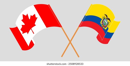 Crossed and waving flags of Canada and Republic of Ecuador. Vector illustration
