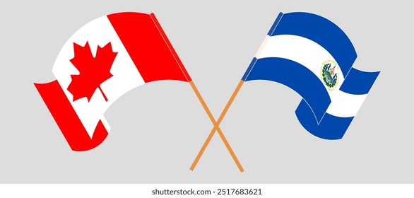 Crossed and waving flags of Canada and Republic of El Salvador. Vector illustration.
