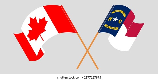 Crossed and waving flags of Canada and The State of North Carolina. Vector illustration
