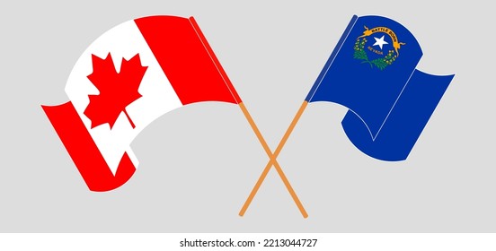 Crossed and waving flags of Canada and The State of Nevada. Vector illustration
