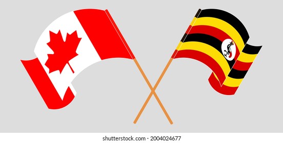 Crossed and waving flags of Canada and Uganda