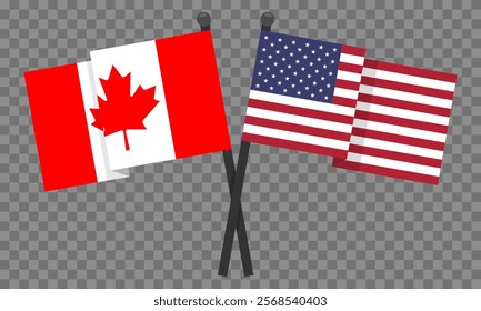 Crossed waving flags of Canada and the United States on checkered background