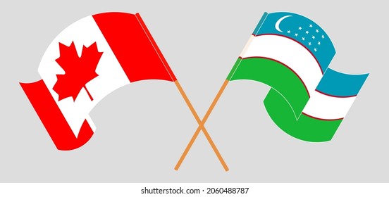 Crossed and waving flags of Canada and Uzbekistan