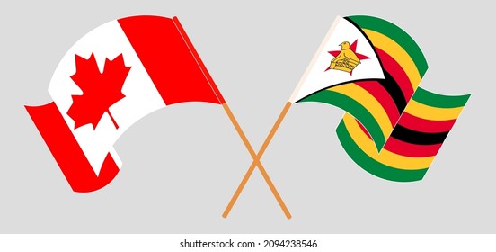 Crossed and waving flags of Canada and Zimbabwe. Vector illustration
