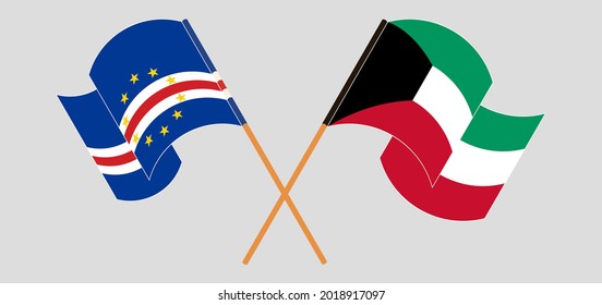 Crossed and waving flags of Cape Verde and Kuwait