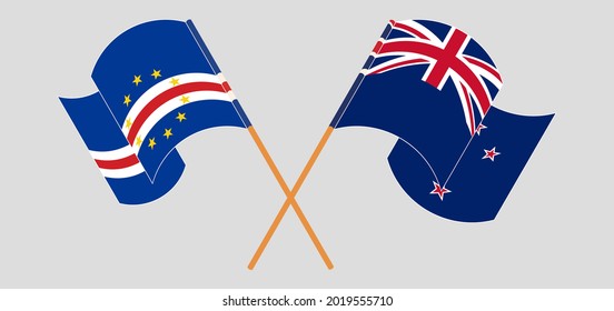 Crossed and waving flags of Cape Verde and New Zealand