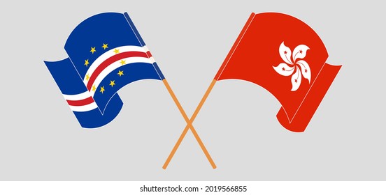 Crossed and waving flags of Cape Verde and Hong Kong