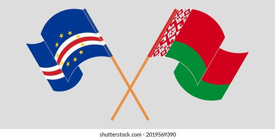 Crossed and waving flags of Cape Verde and Belarus