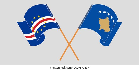 Crossed and waving flags of Cape Verde and Kosovo