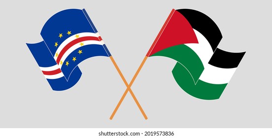 Crossed and waving flags of Cape Verde and Palestine