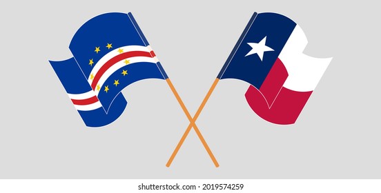 Crossed and waving flags of Cape Verde and the State of Texas