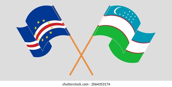 Crossed and waving flags of Cape Verde and Uzbekistan