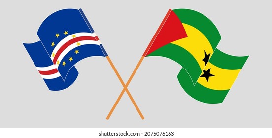 Crossed and waving flags of Cape Verde and Sao Tome and Principe. Vector illustration
