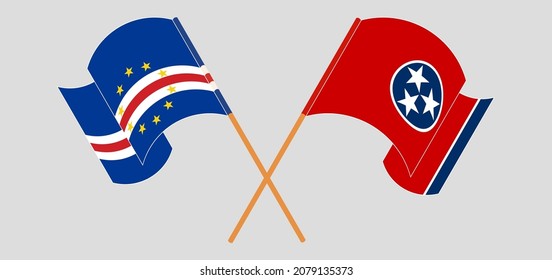 Crossed and waving flags of Cape Verde and The State of Tennessee. Vector illustration
