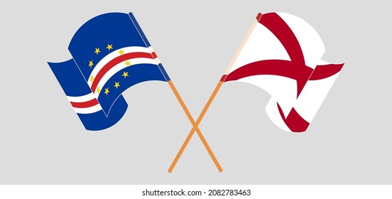 Crossed and waving flags of Cape Verde and The State of Alabama. Vector illustration
