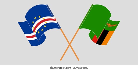 Crossed and waving flags of Cape Verde and Zambia. Vector illustration
