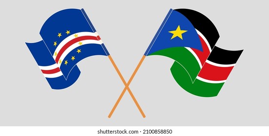 Crossed and waving flags of Cape Verde and South Sudan. Vector illustration
