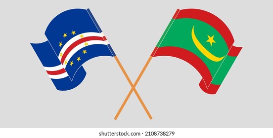 Crossed and waving flags of Cape Verde and Mauritania. Vector illustration
