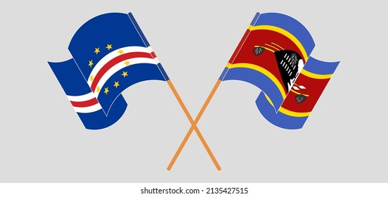 Crossed and waving flags of Cape Verde and Eswatini. Vector illustration
