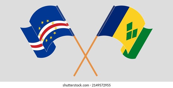 Crossed and waving flags of Cape Verde and Saint Vincent and the Grenadines. Vector illustration