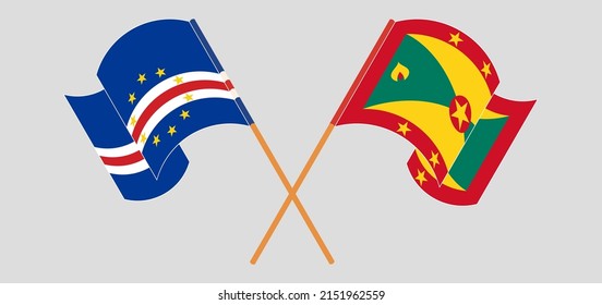 Crossed and waving flags of Cape Verde and Grenada. Vector illustration
