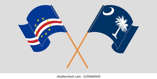 Crossed and waving flags of Cape Verde and The State of South Carolina. Vector illustration
