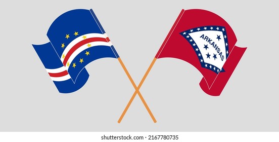 Crossed and waving flags of Cape Verde and The State of Arkansas. Vector illustration
