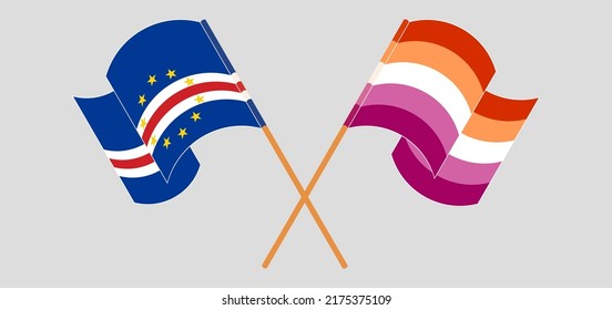 Crossed and waving flags of Cape Verde and Lesbian Pride. Vector illustration
