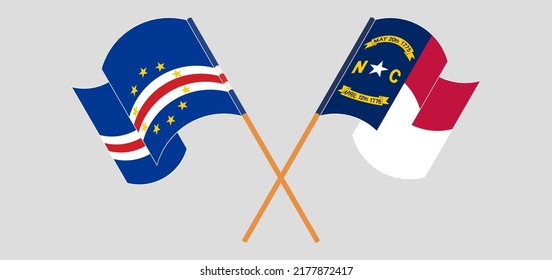 Crossed and waving flags of Cape Verde and The State of North Carolina. Vector illustration
