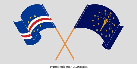 Crossed and waving flags of Cape Verde and the State of Indiana. Vector illustration
