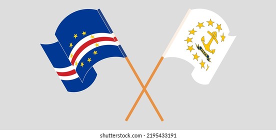 Crossed and waving flags of Cape Verde and the State of Rhode Island. Vector illustration
