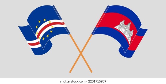 Crossed and waving flags of Cape Verde and Cambodia. Vector illustration
