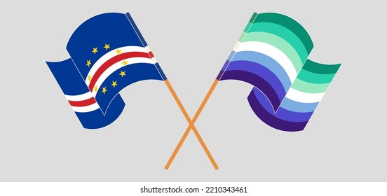 Crossed and waving flags of Cape Verde and gay men pride. Vector illustration
