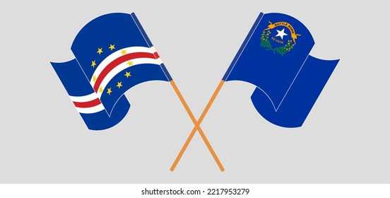 Crossed and waving flags of Cape Verde and The State of Nevada. Vector illustration
