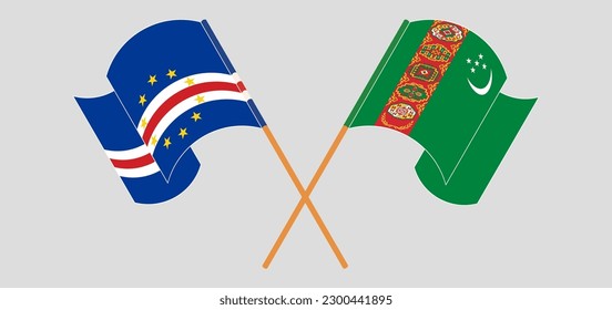 Crossed and waving flags of Cape Verde and Turkmenistan. Vector illustration
