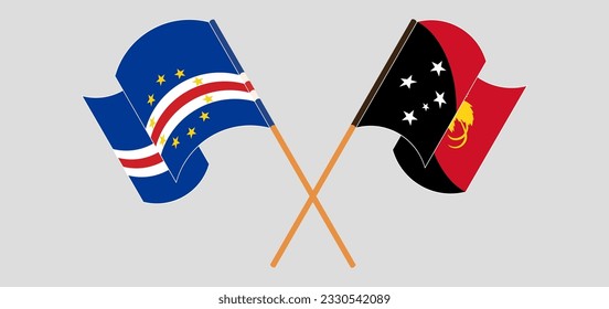 Crossed and waving flags of Cape Verde and Papua New Guinea. Vector illustration
