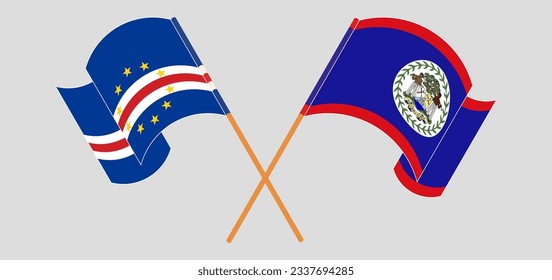 Crossed and waving flags of Cape Verde and Belize. Vector illustration
