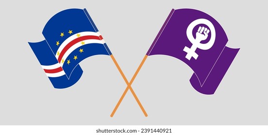 Crossed and waving flags of Cape Verde and Feminism. Vector illustration
