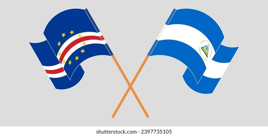 Crossed and waving flags of Cape Verde and Nicaragua. Vector illustration
