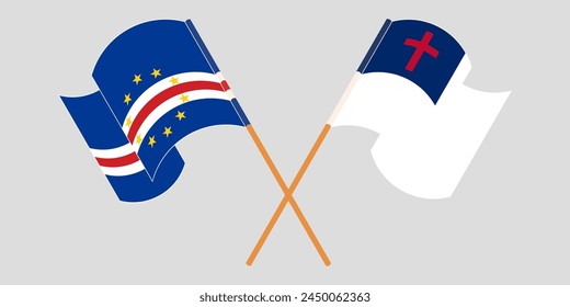 Crossed and waving flags of Cape Verde and christianity. Vector illustration
